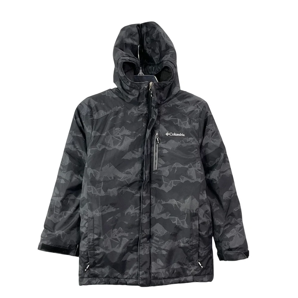 Columbia Hooded Jacket Kids M 10/12 Black Grey‎ Camo Insulated Winter Coat Ski
